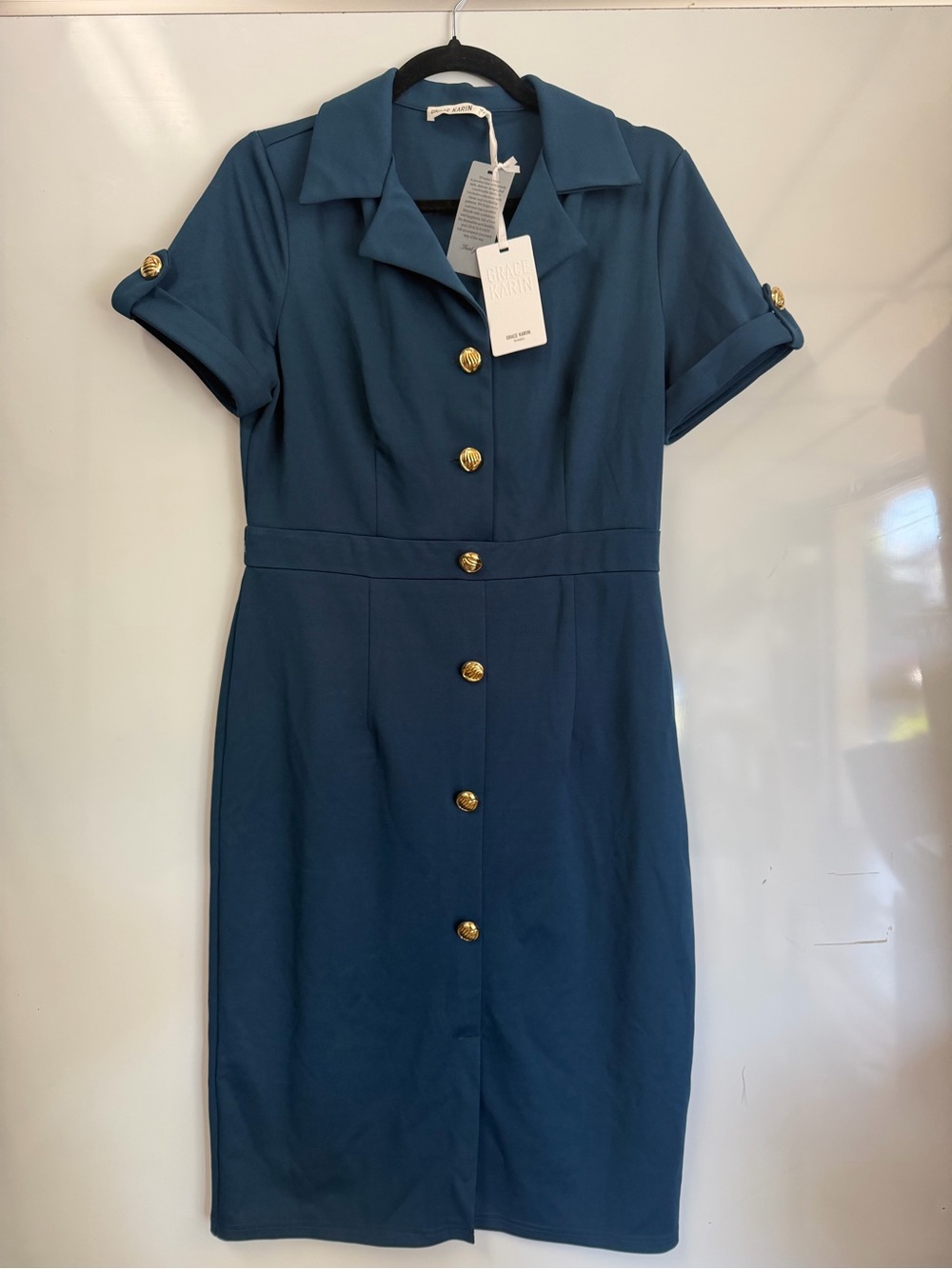 Grace Karin Teal Midi Shirt Dress with Gold Buttons
